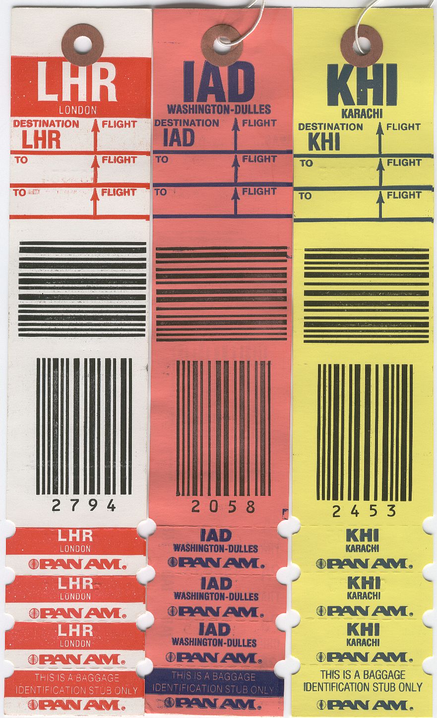 A batch of Pan Am baggage labels from the 1985-90 era.  The city names can be seen below the three letter code.